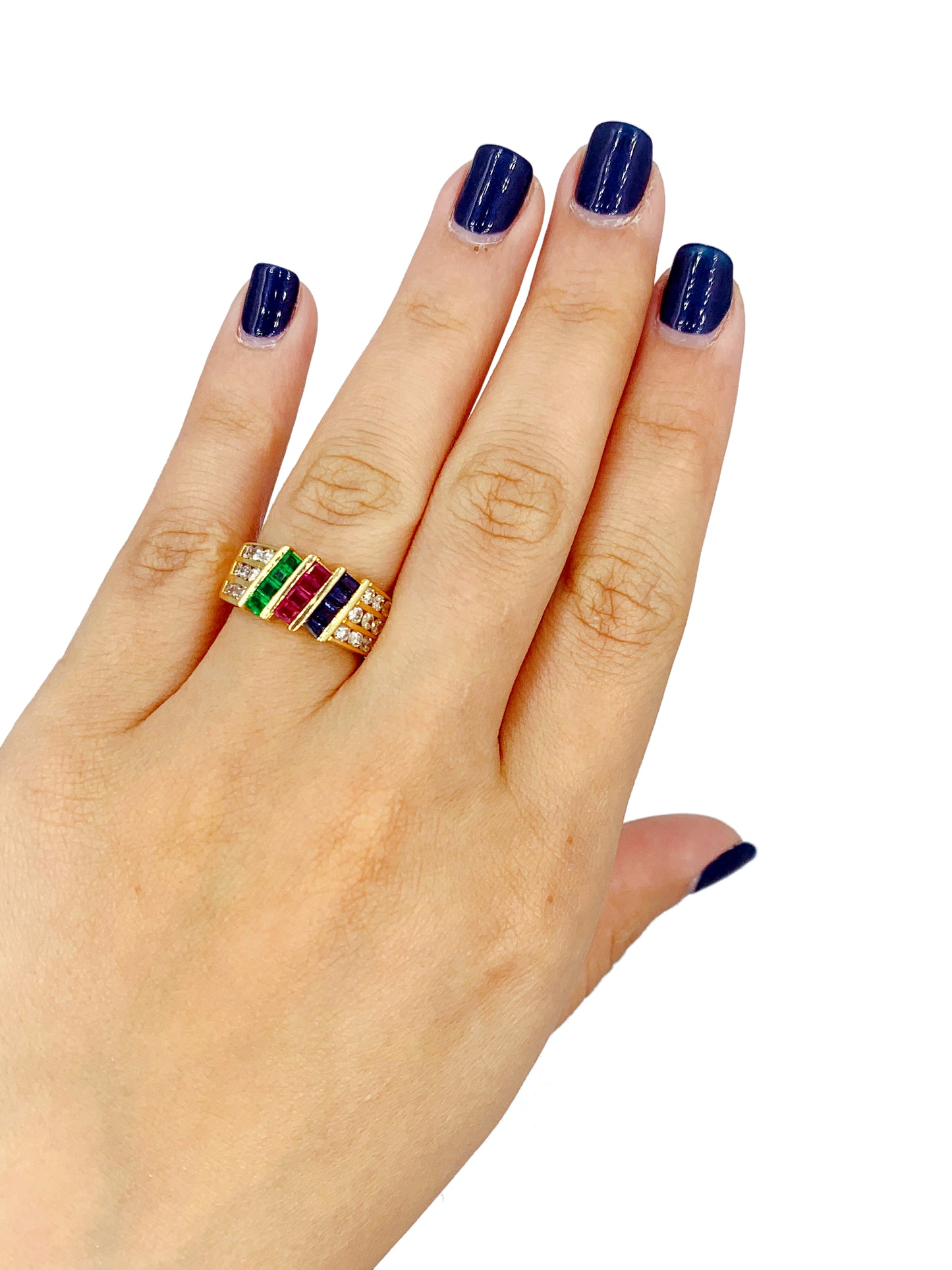 Diamond Tri-color Ruby Emerald Sapphire Ring Yellow Gold 18k
