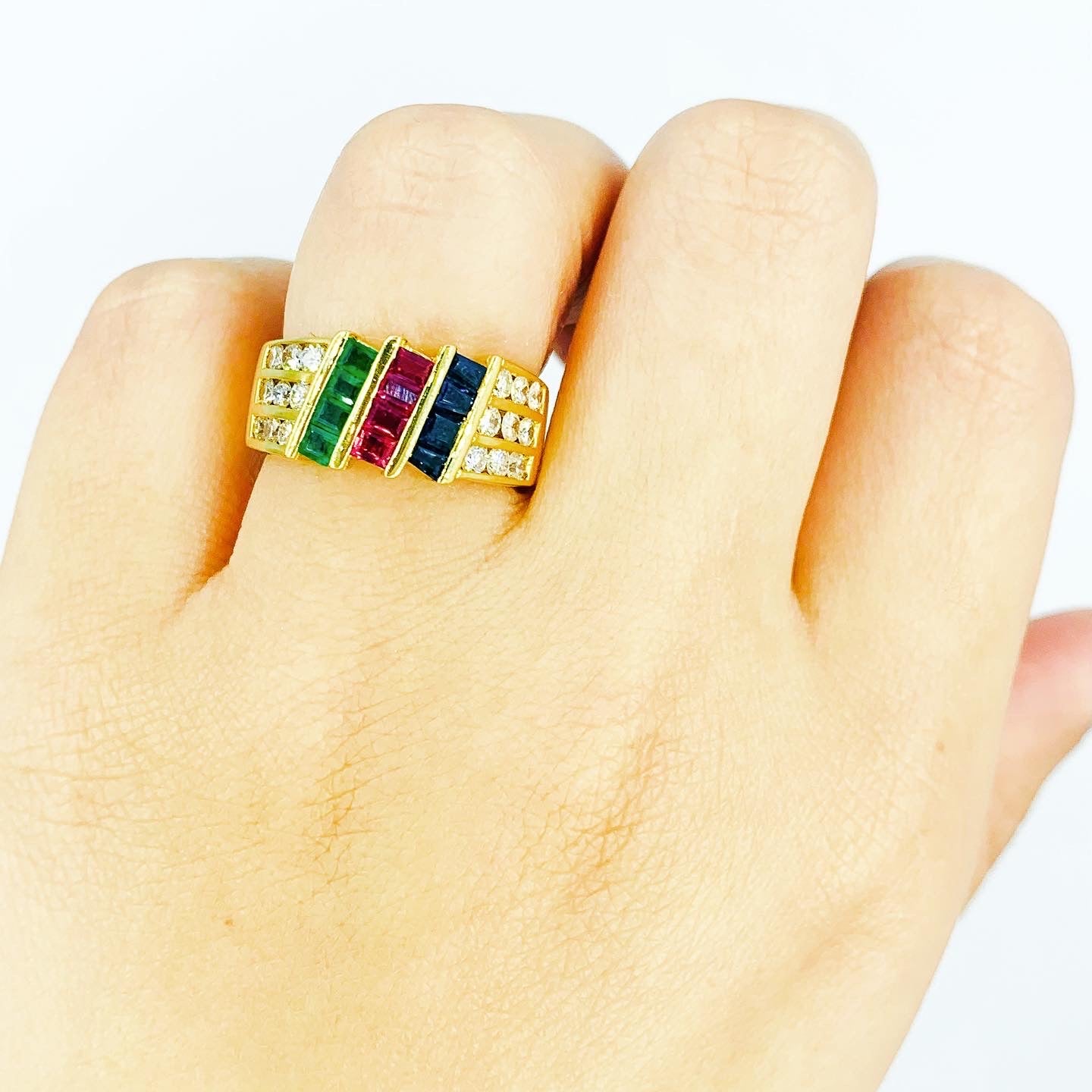 Diamond Tri-color Ruby Emerald Sapphire Ring Yellow Gold 18k