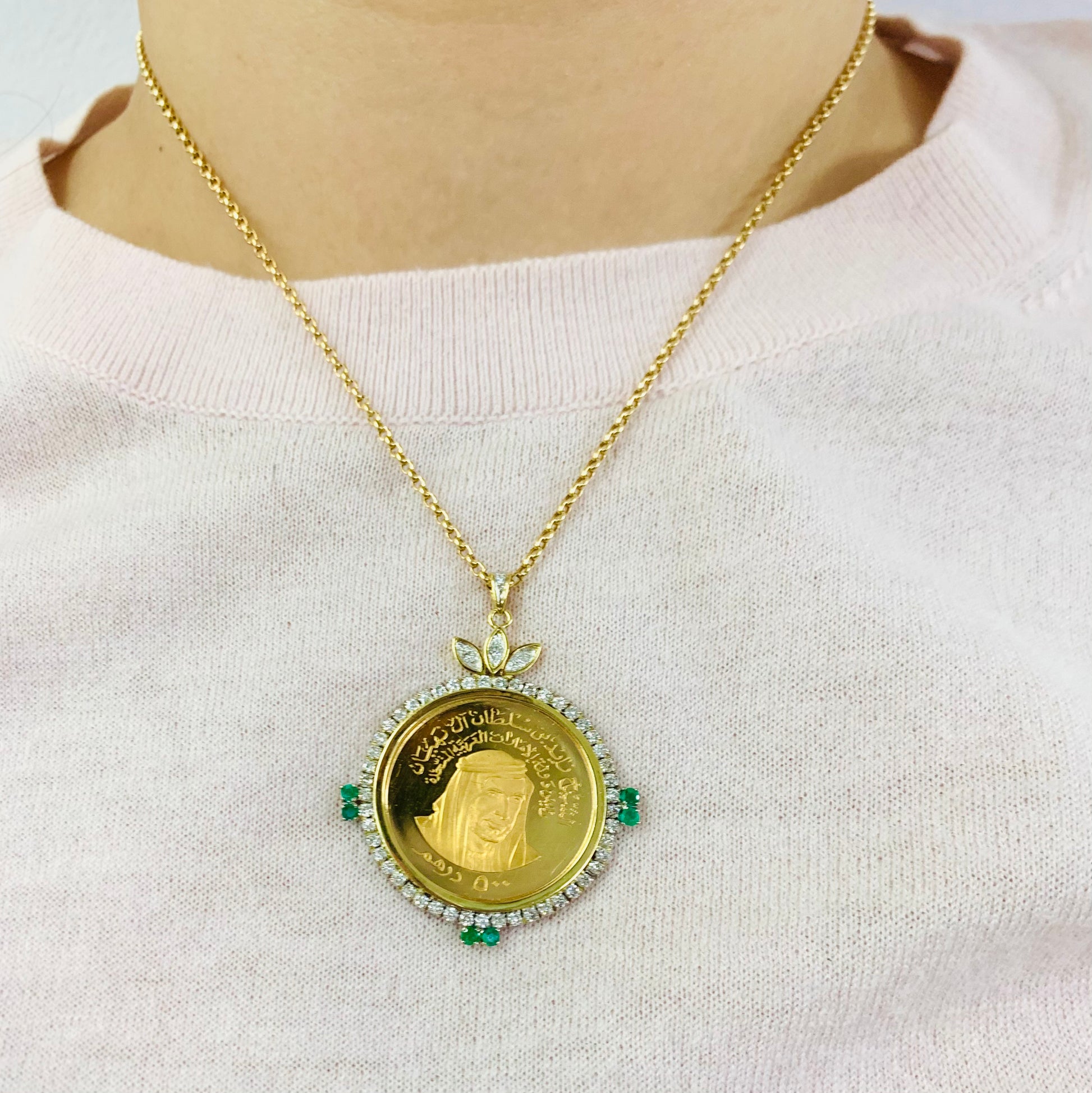 Sheikh Zayed Gold Coin Emerald Diamond Necklace